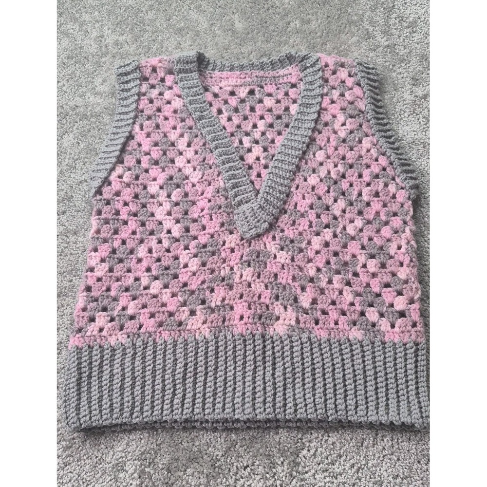 Vintage Handmade Crochet Vest Womens‎ Pink Gray Boho Hippie Cottagecore Granny